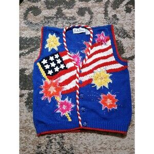 Belle Pointe Sweater Vest Flag Fireworks Red White Blue Patriotic  Granny Core M